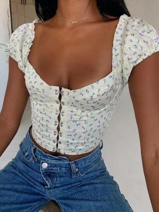Princess Polly Tops - Princess Polly Light Green Floral Babydoll Cropped Tank Top Size XS/S